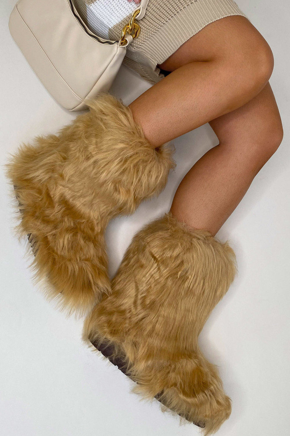 EXTREME FAUX FUR FLAT CALF ANKLE HIGH BOOTS IN BEIGE Go Wholesale