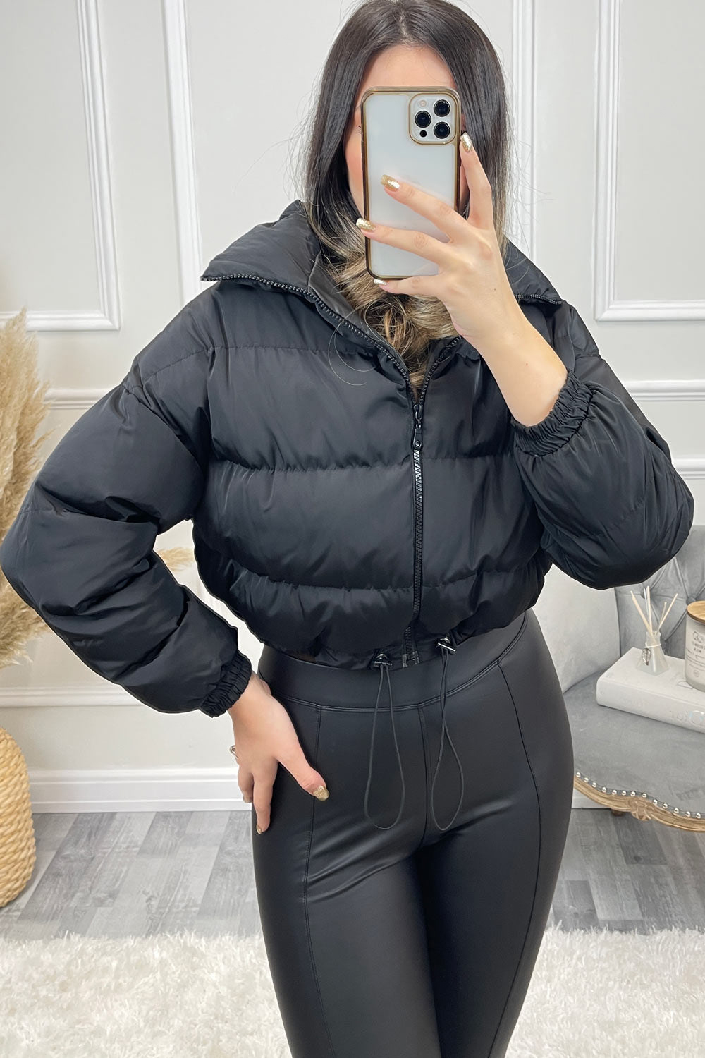 black drawstring puffer jacket