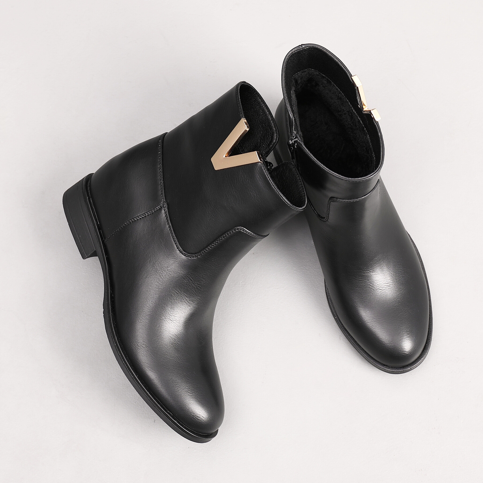 Womens Flat Ankle Boots Ladies Zip Closure Round Toe V shape Ornament Shoes 2356 BLACK Go Wholesale