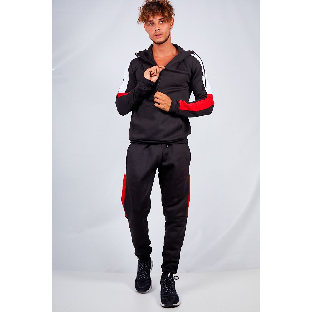 Black tracksuit with red and top white stripe