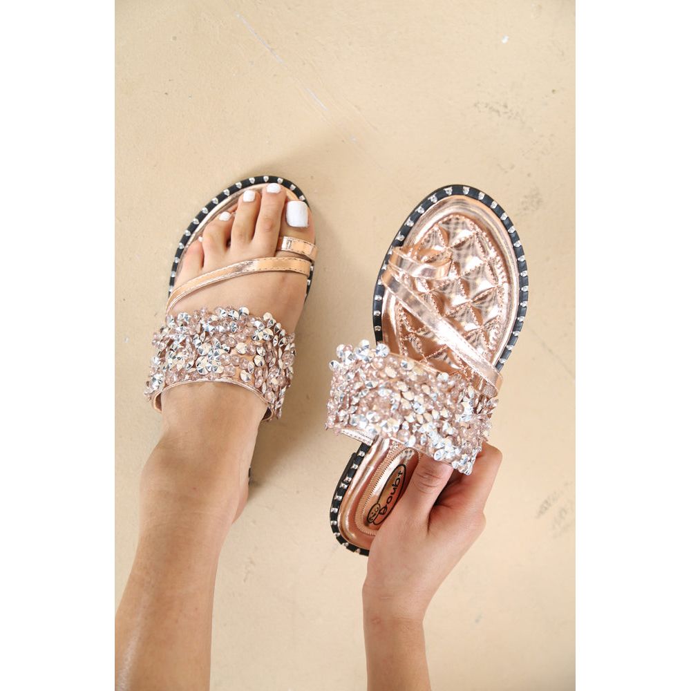 Rose Gold Embellished Band Sparkly Toe Post Flat Slider Sandals Go Wholesale