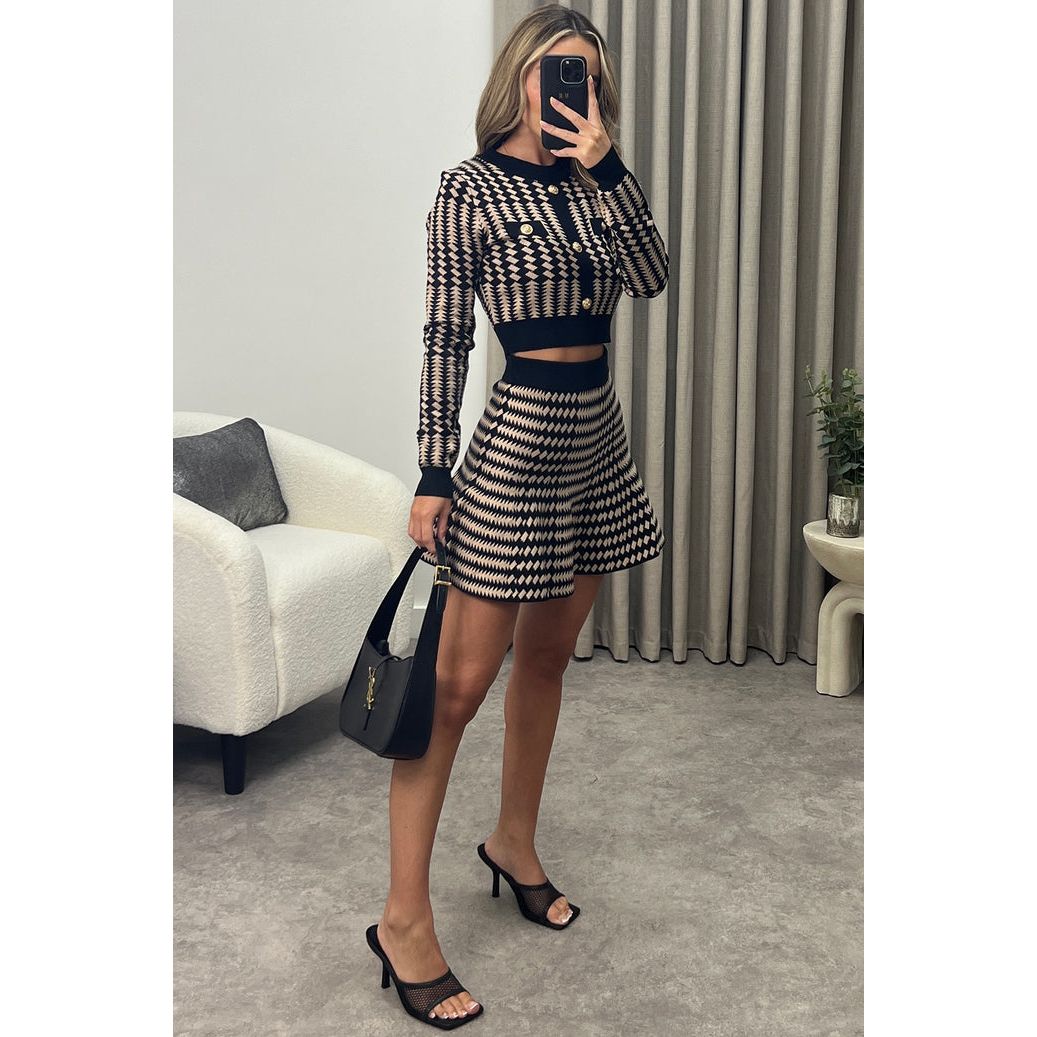 Beige And Black Houndstooth Skirt Set Go Wholesale