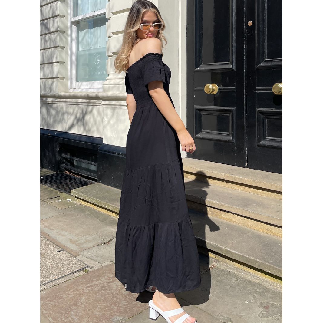 BLACK SHIRRED BARDOT DRESS Go Wholesale