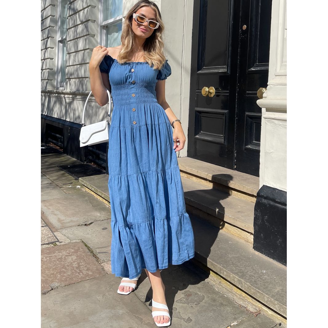 BLUE DENIM SHIRRED BARDOT DRESS Go Wholesale