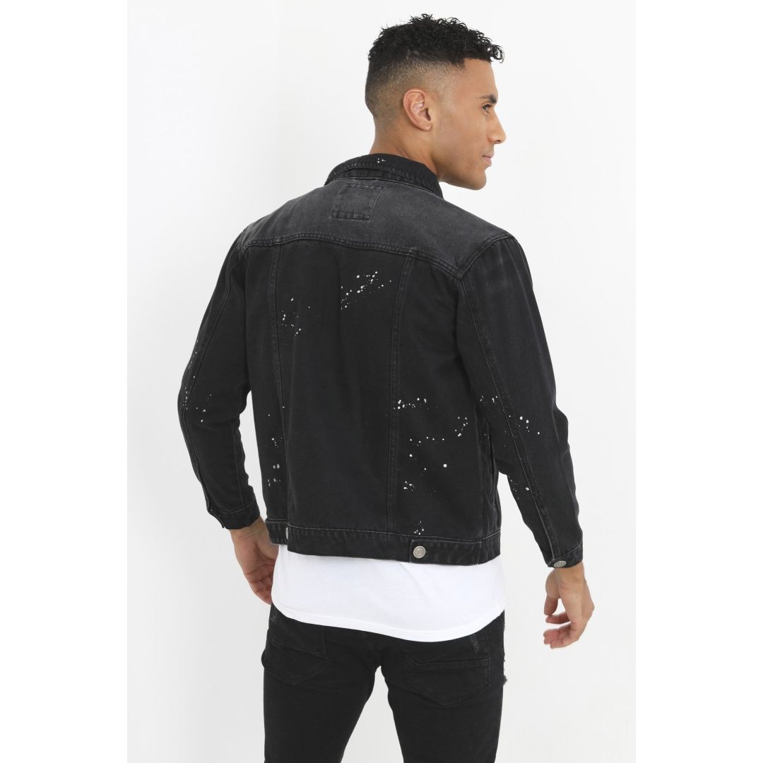 Black Button Through Paint Detail Denim Jacket Go Wholesale