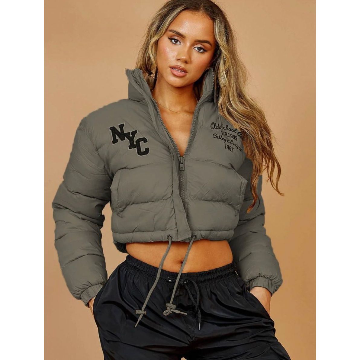 NYC Embroidered Cropped Puffer Jacket Go Wholesale