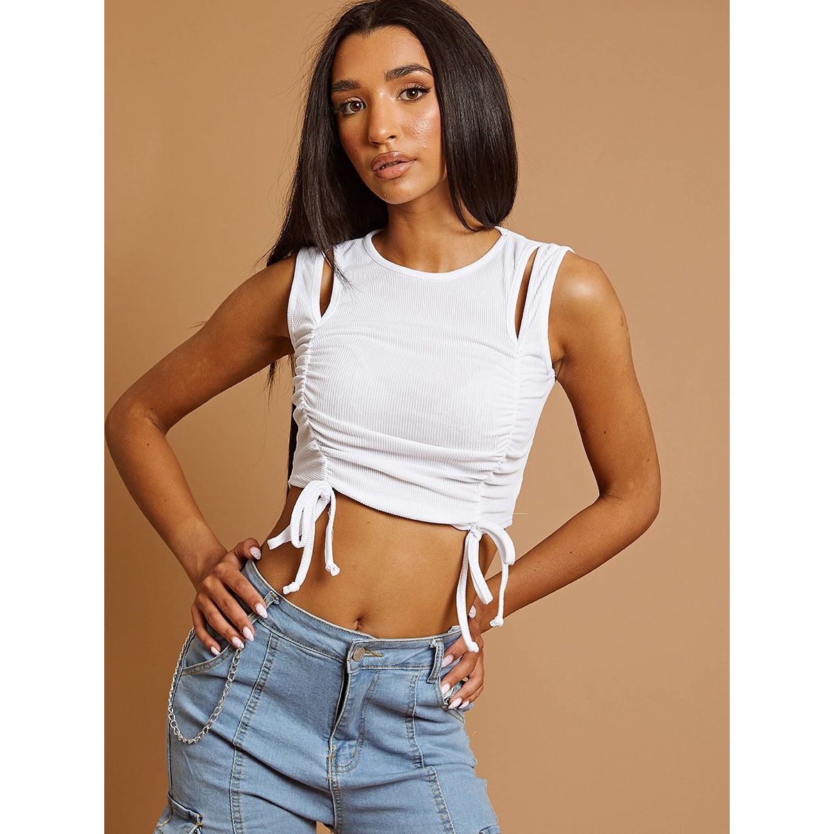 Cut Out Shoulder Ribbed Ruched Crop Top Go Wholesale
