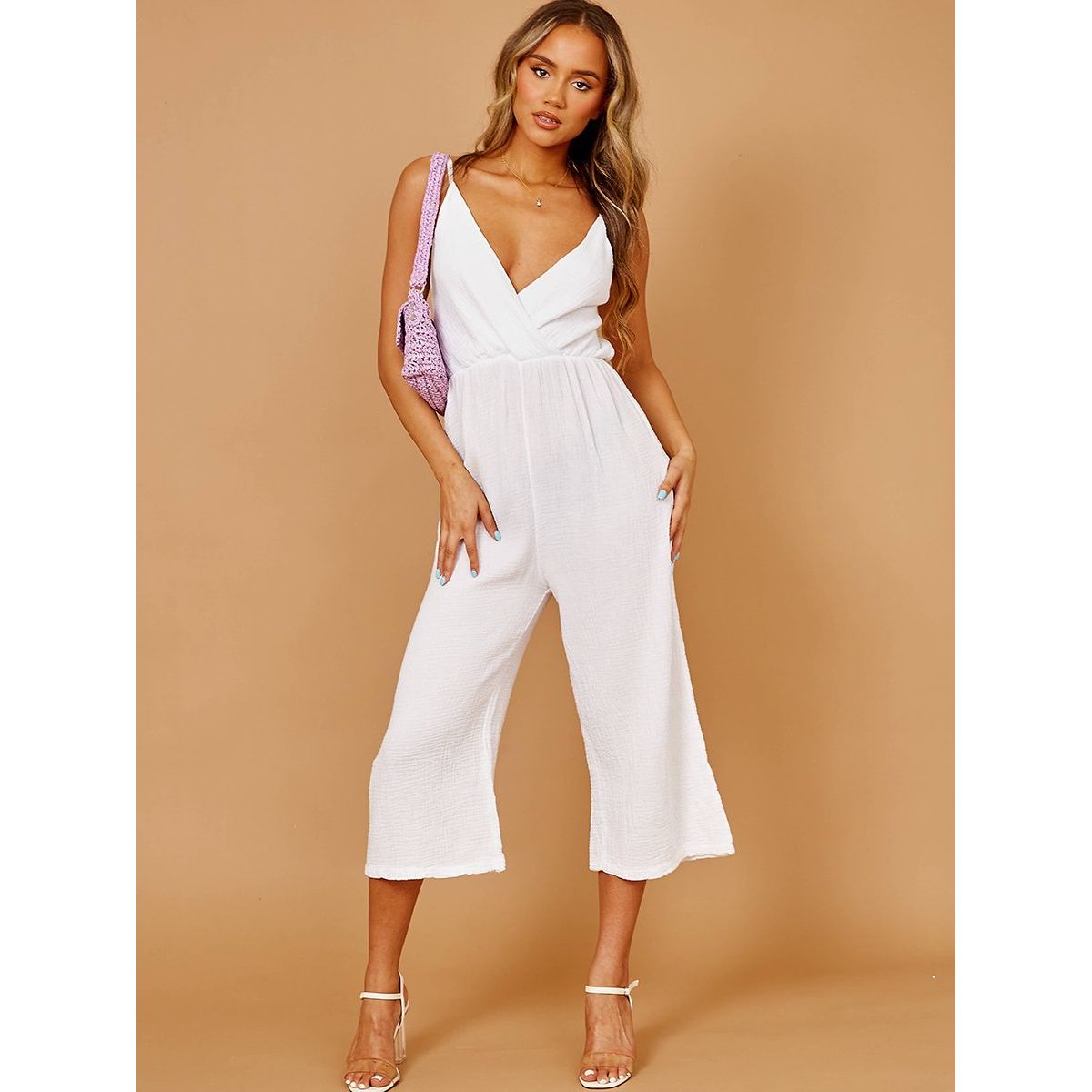 Crinkled Wrap Front Cami Culotte Jumpsuit Go Wholesale