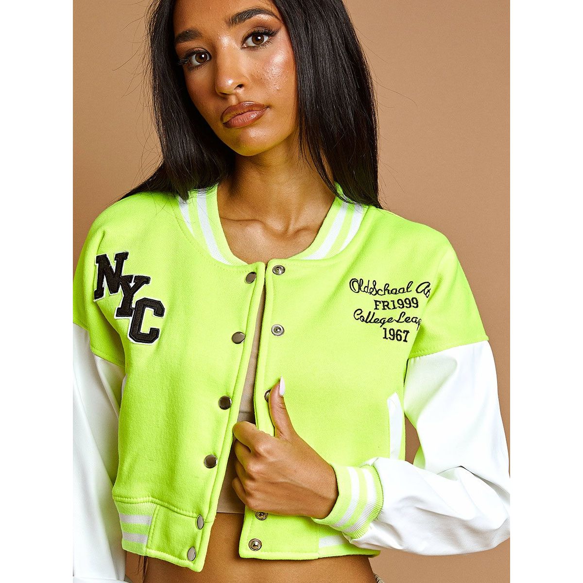 PU Contrast Sleeve Cropped Varsity Jacket Go Wholesale