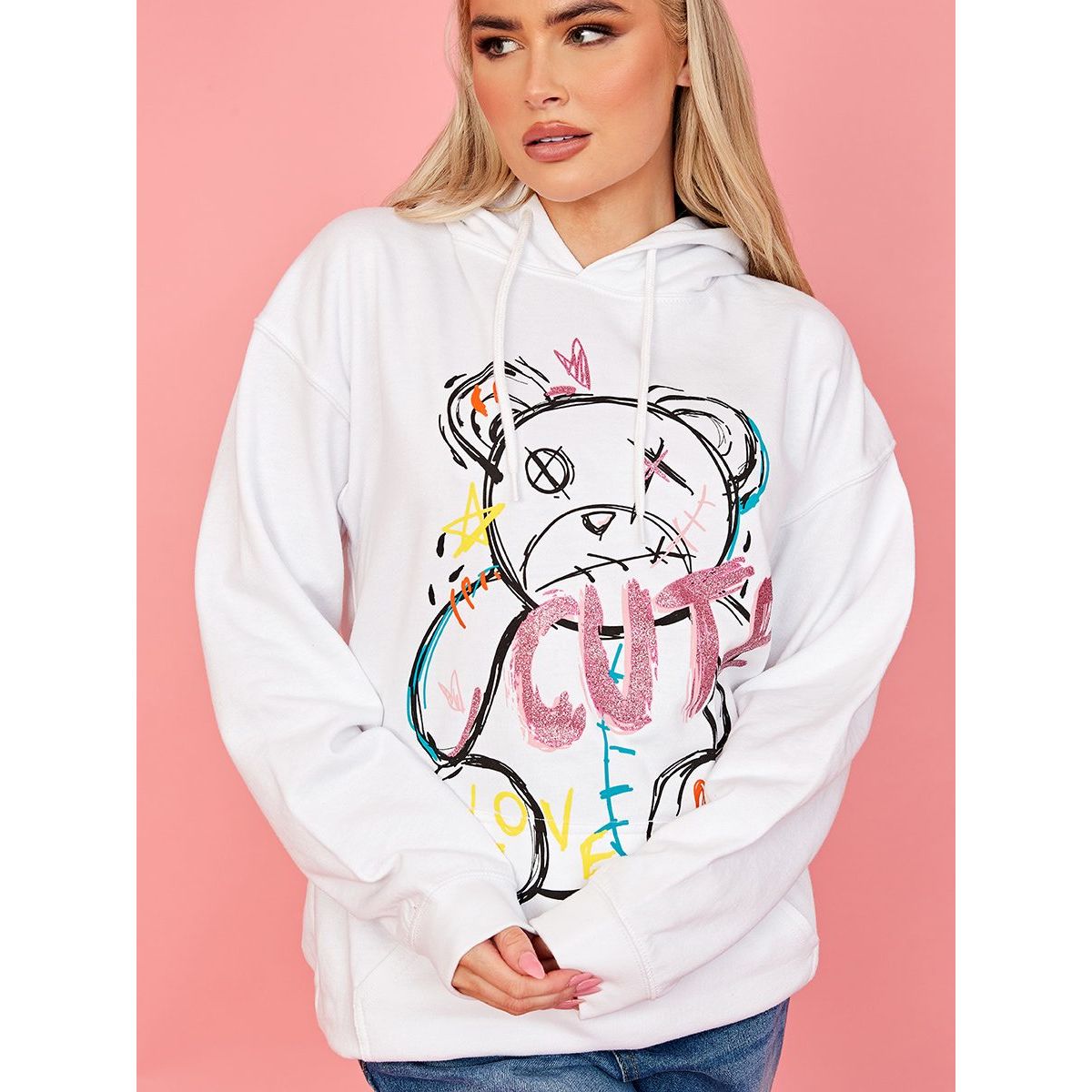 Teddy print hoodie outlet
