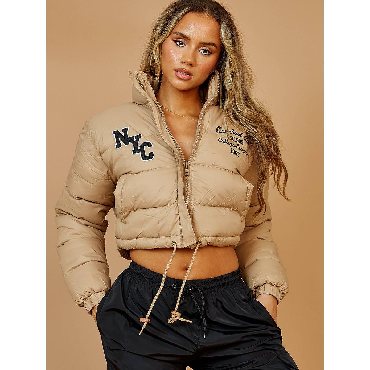NYC Embroidered Cropped Puffer Jacket Go Wholesale