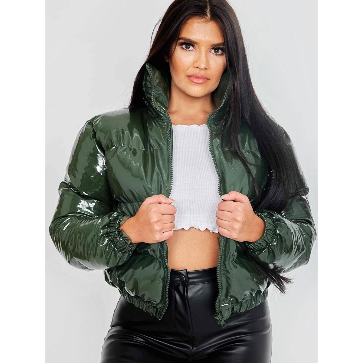 PVC Leather Cropped Puffer Jacket | Go Wholesale