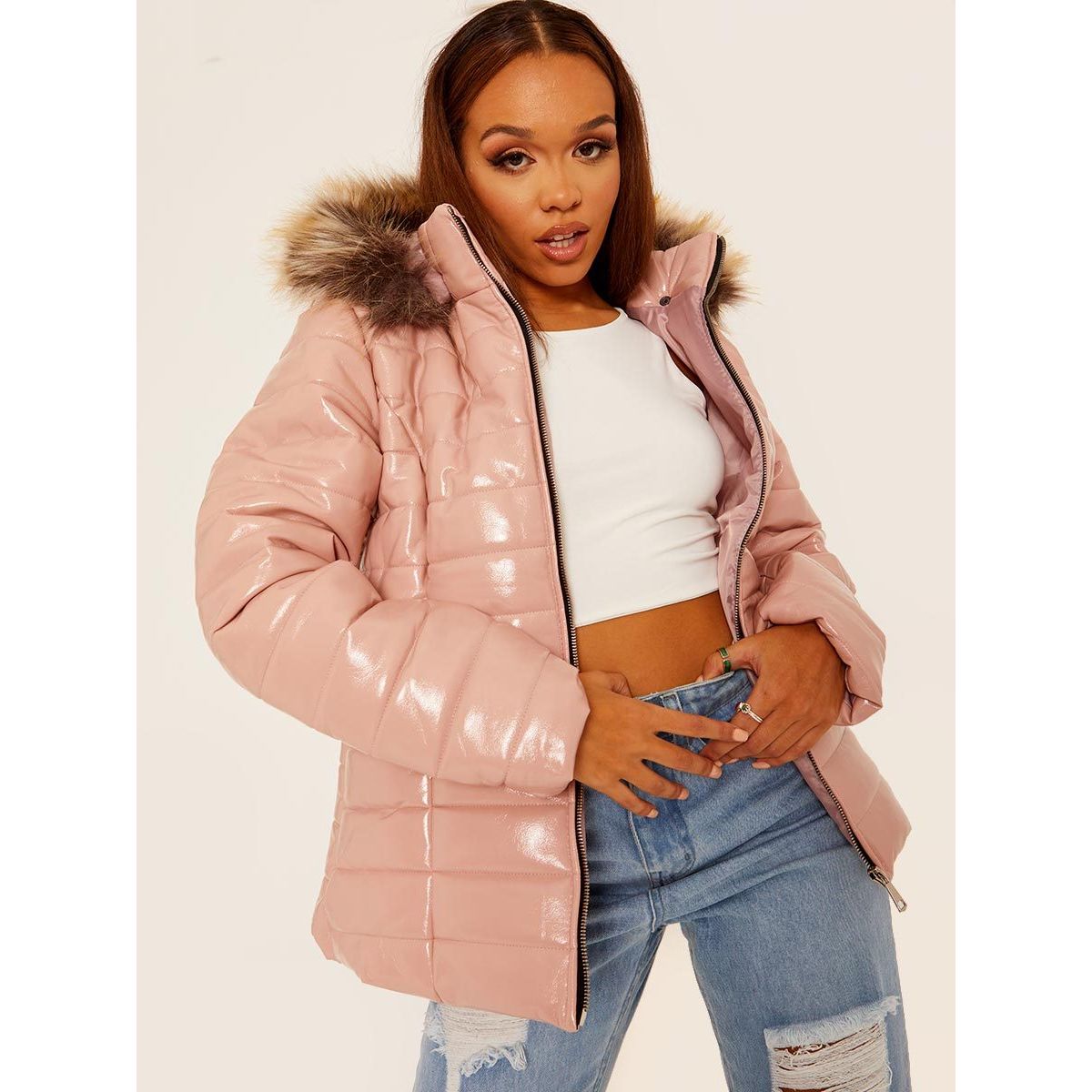 Wet Look Faux Fur Hooded Jacket Go Wholesale