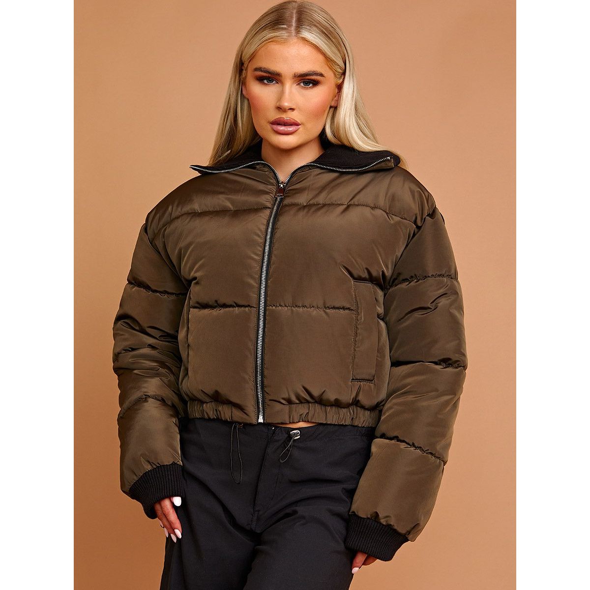 Rib Collar Detail Cropped Puffer Jacket Go Wholesale