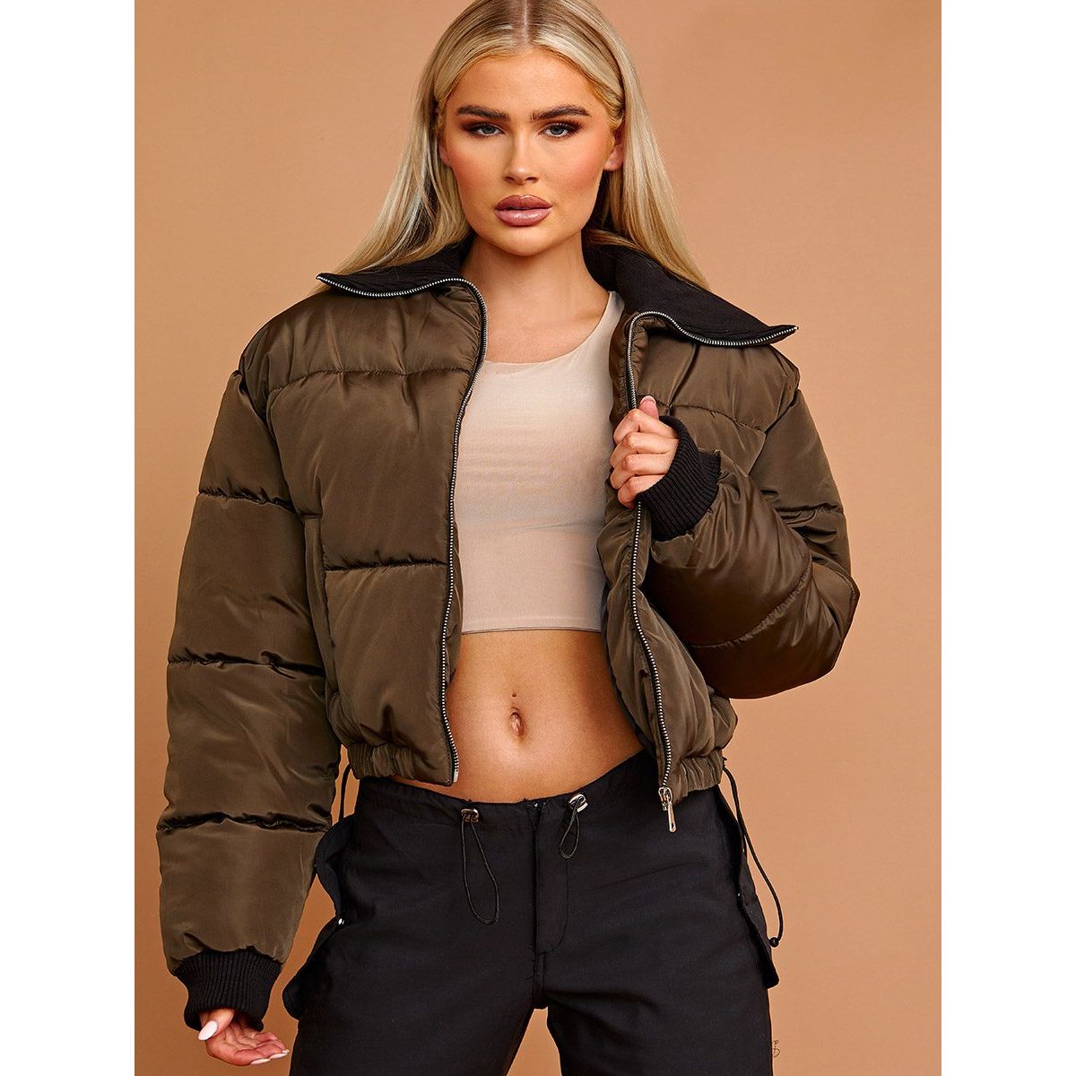 Rib Collar Detail Cropped Puffer Jacket Go Wholesale