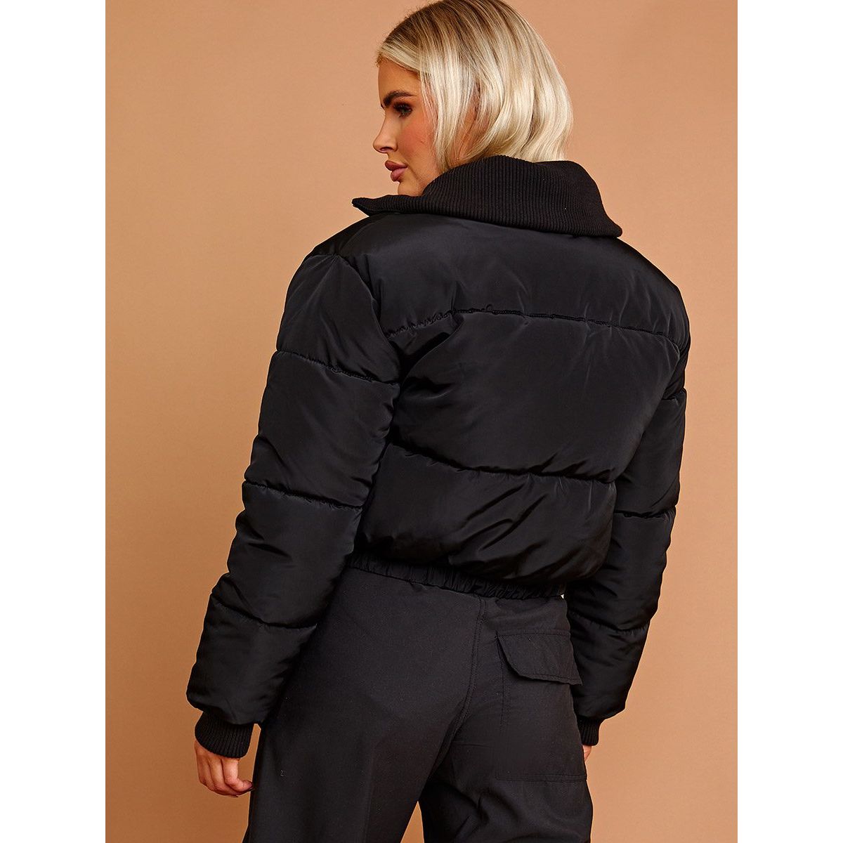 Rib Collar Detail Cropped Puffer Jacket Go Wholesale
