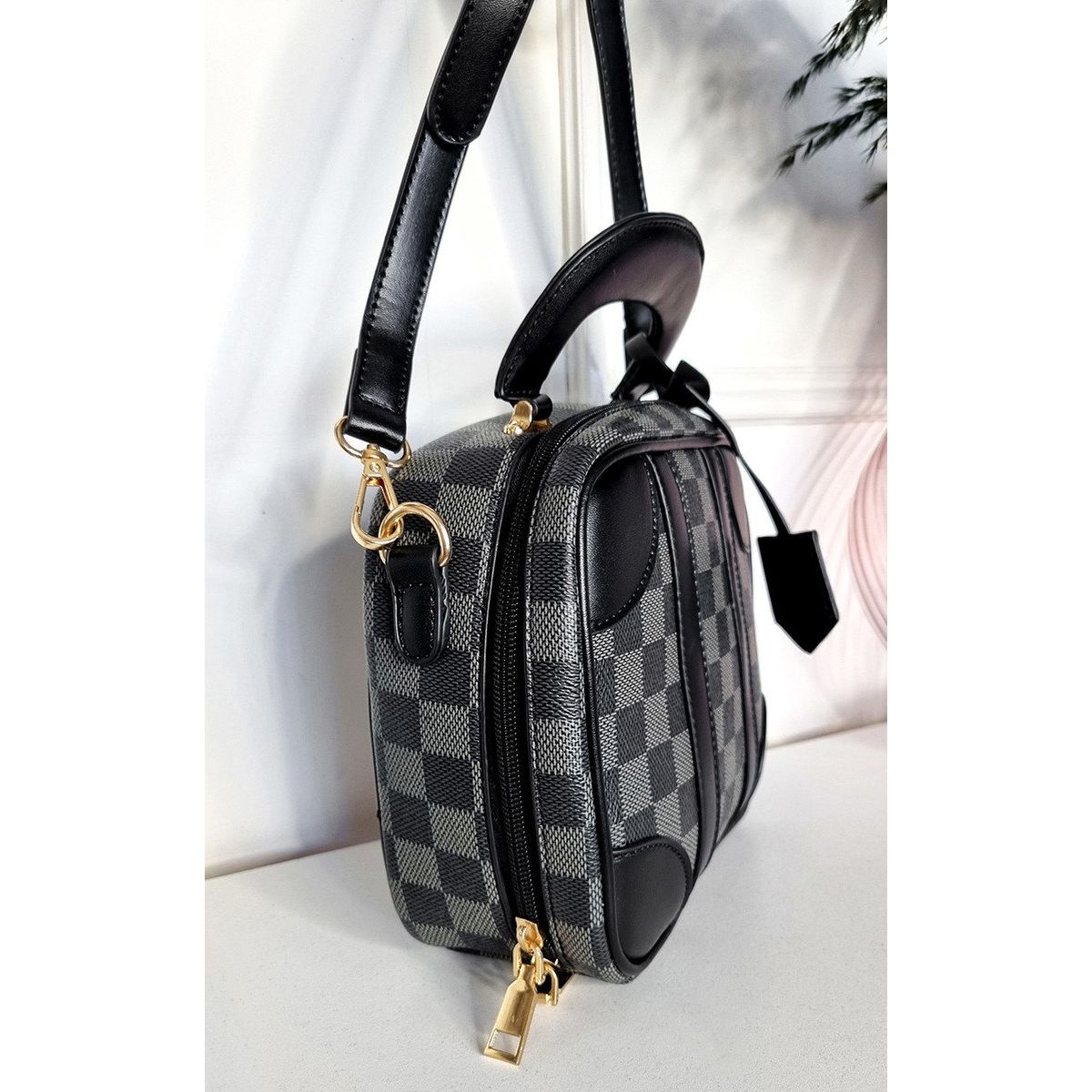 Leather Bowler Bag with Check Print Go Wholesale