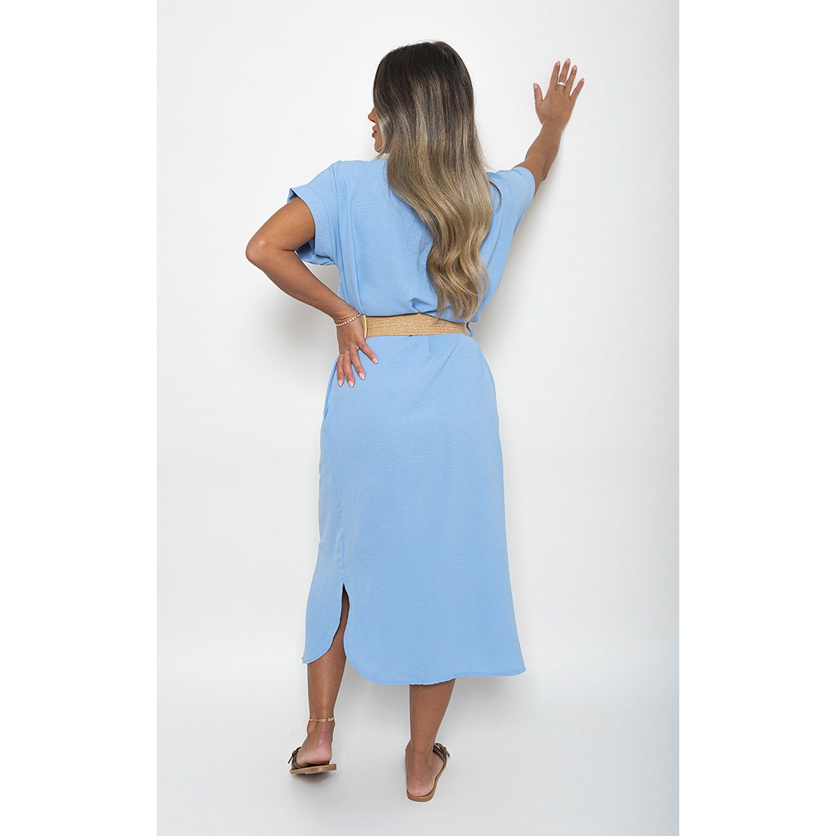 Short Sleeve V Neck Midi Dress with Belt Detail Go Wholesale