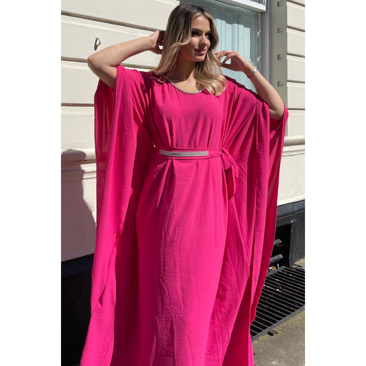 HOT PINK EMBELLISHED BELTED KAFTAN MAXI DRESS Go Wholesale