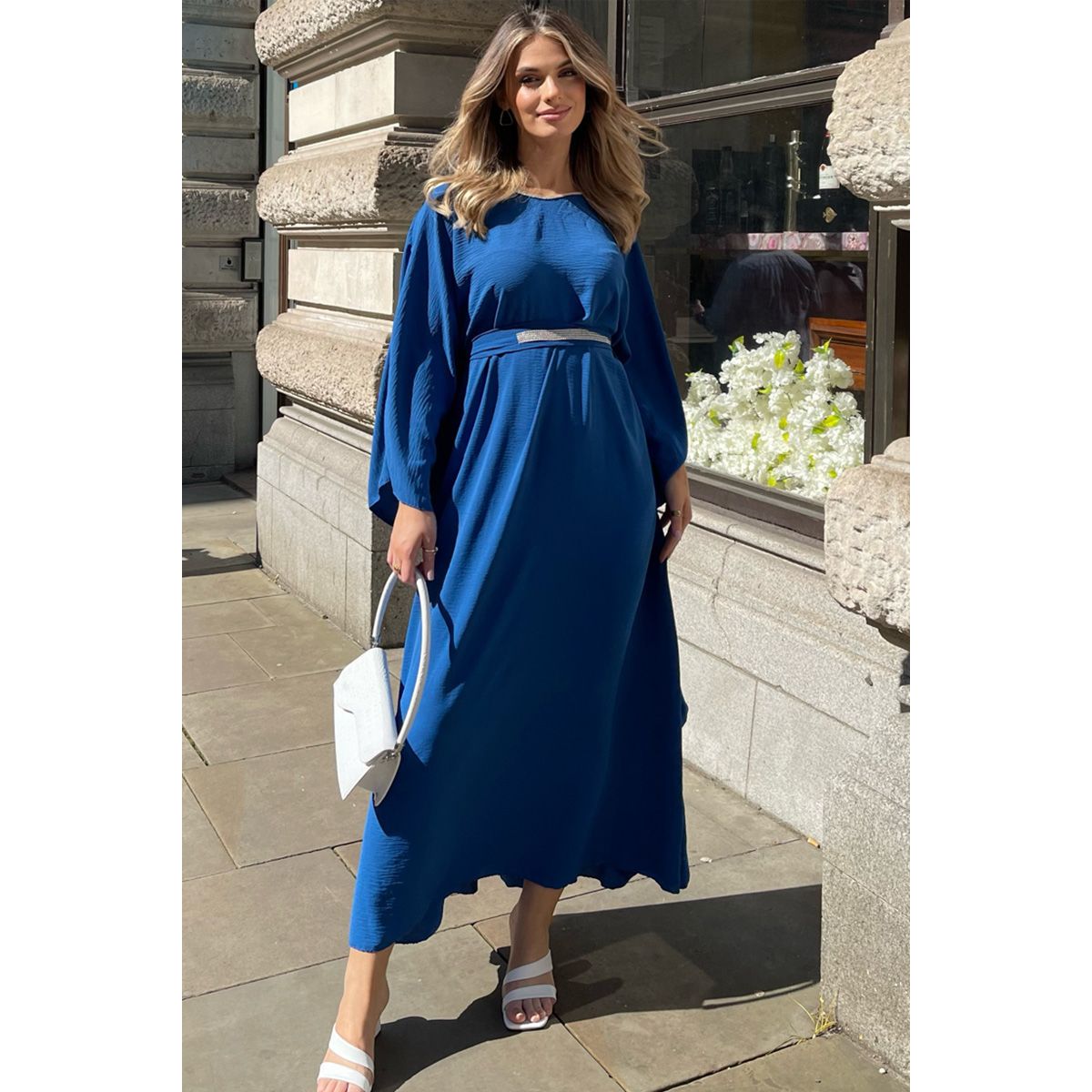 ROYAL BLUE EMBELLISHED BELTED KAFTAN MAXI DRESS Go Wholesale