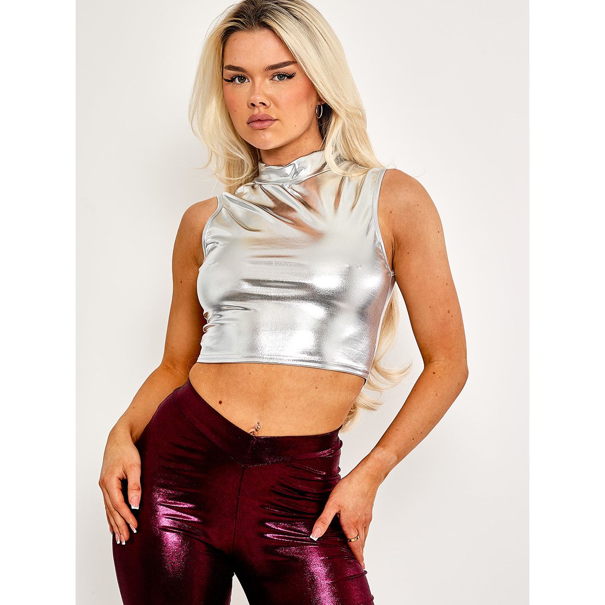 High Neck Metallic Crop Top Go Wholesale