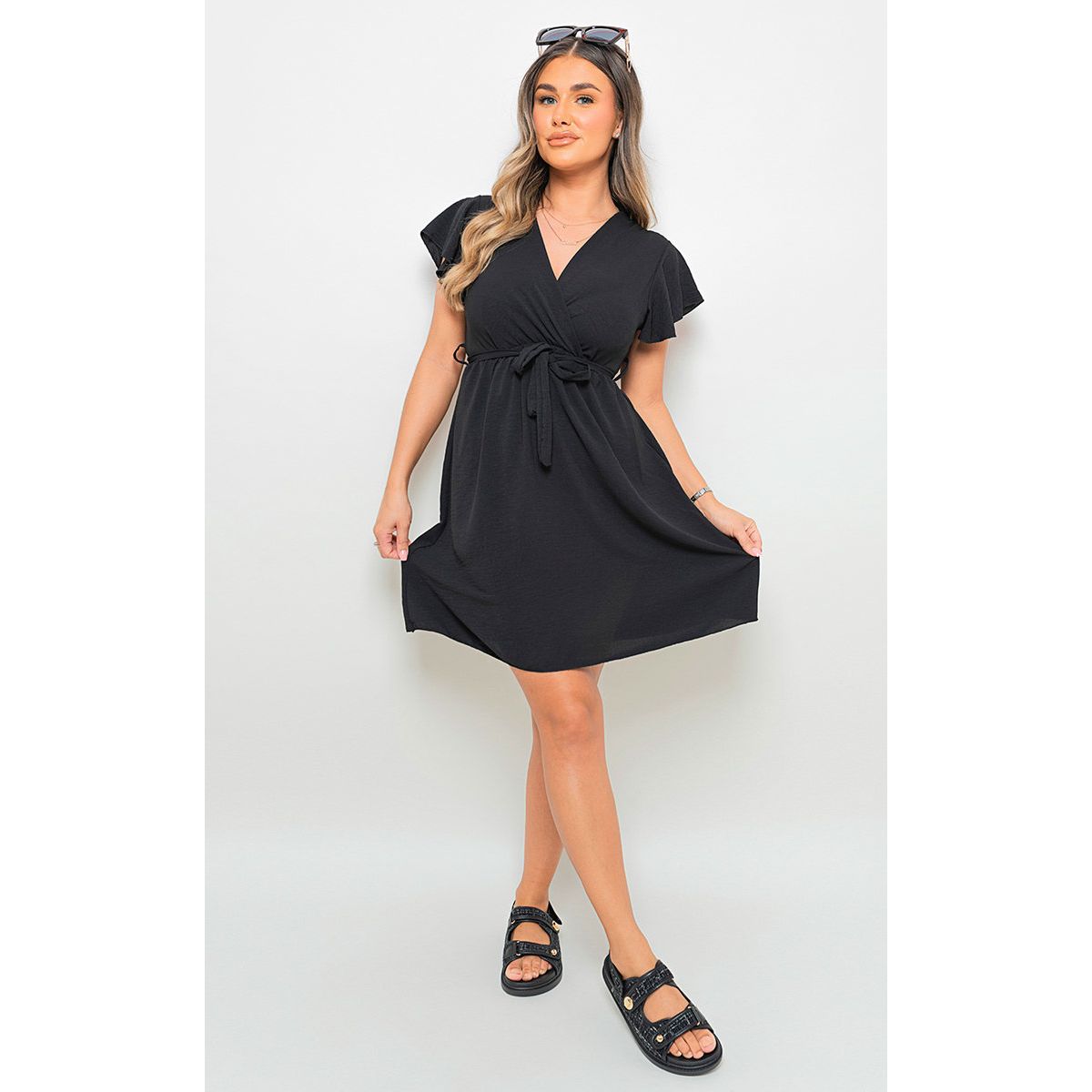 Belted wrap mini dress sales