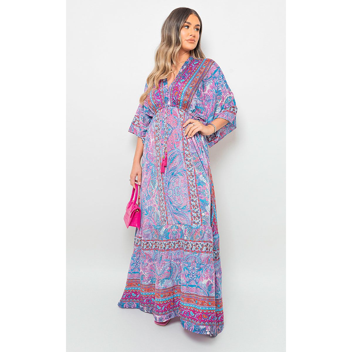 Neck Printed Long Maxi Dress with Tassel Detail Go Wholesale