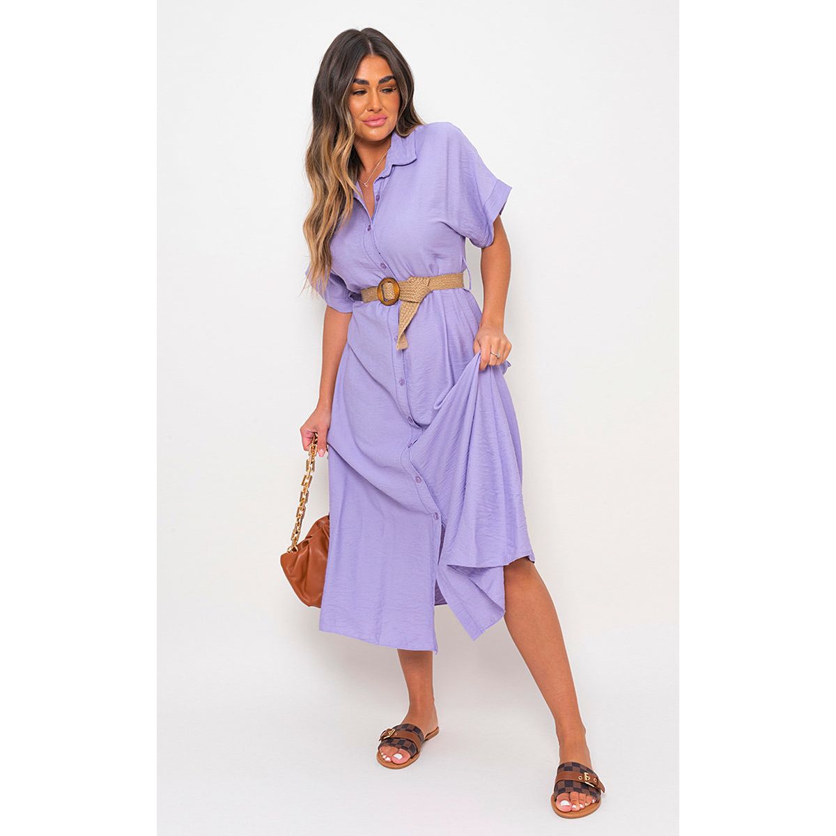 Down Collared Short Sleeve Midi Dress with Belt Detail Go Wholesale