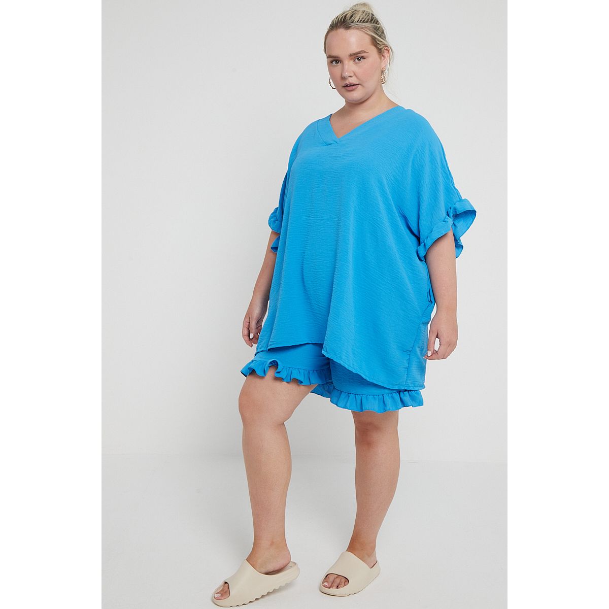 Plus Size Sky Blue Two Piece Co Ord Set Ruffle Detail Top With