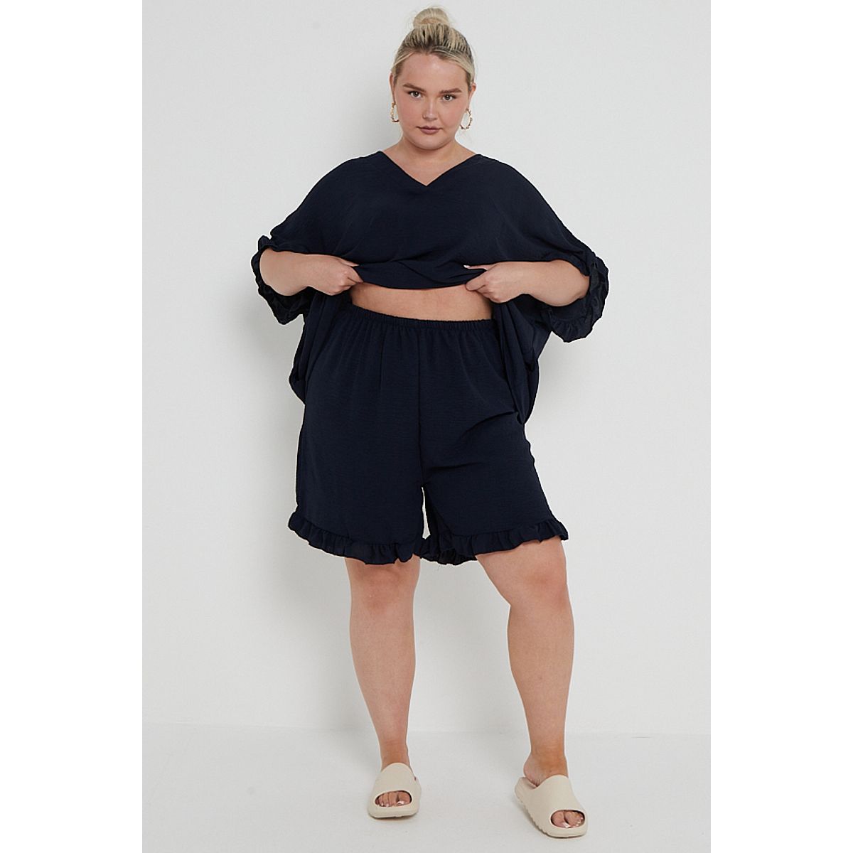 Plus Size Navy Two Piece Co Ord Set Ruffle Detail Top With Pockets