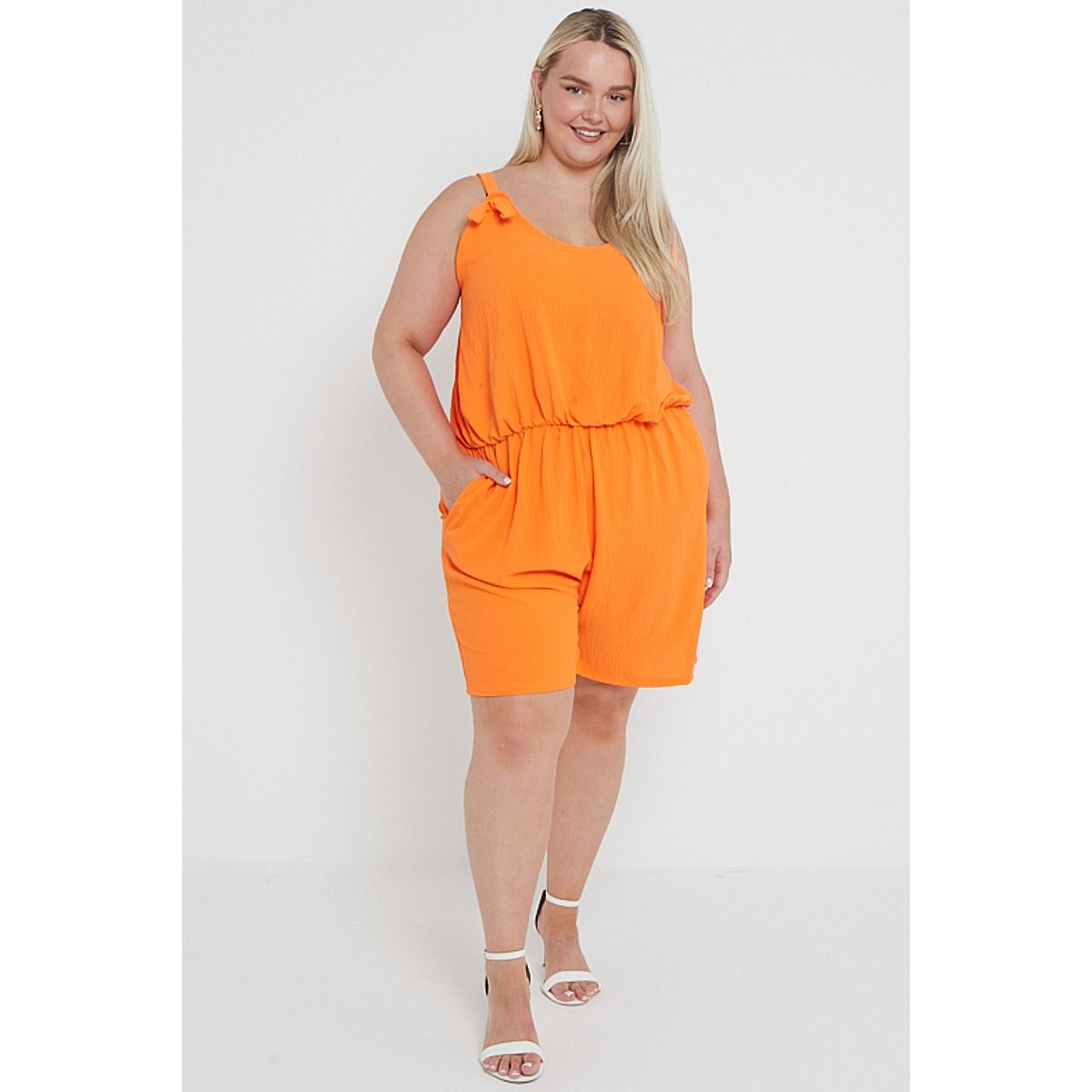 Plus Size Orange Thin Straps Elasticated Waist Playsuit With