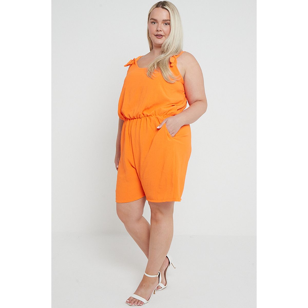 Plus Size Orange Thin Straps Elasticated Waist Playsuit With