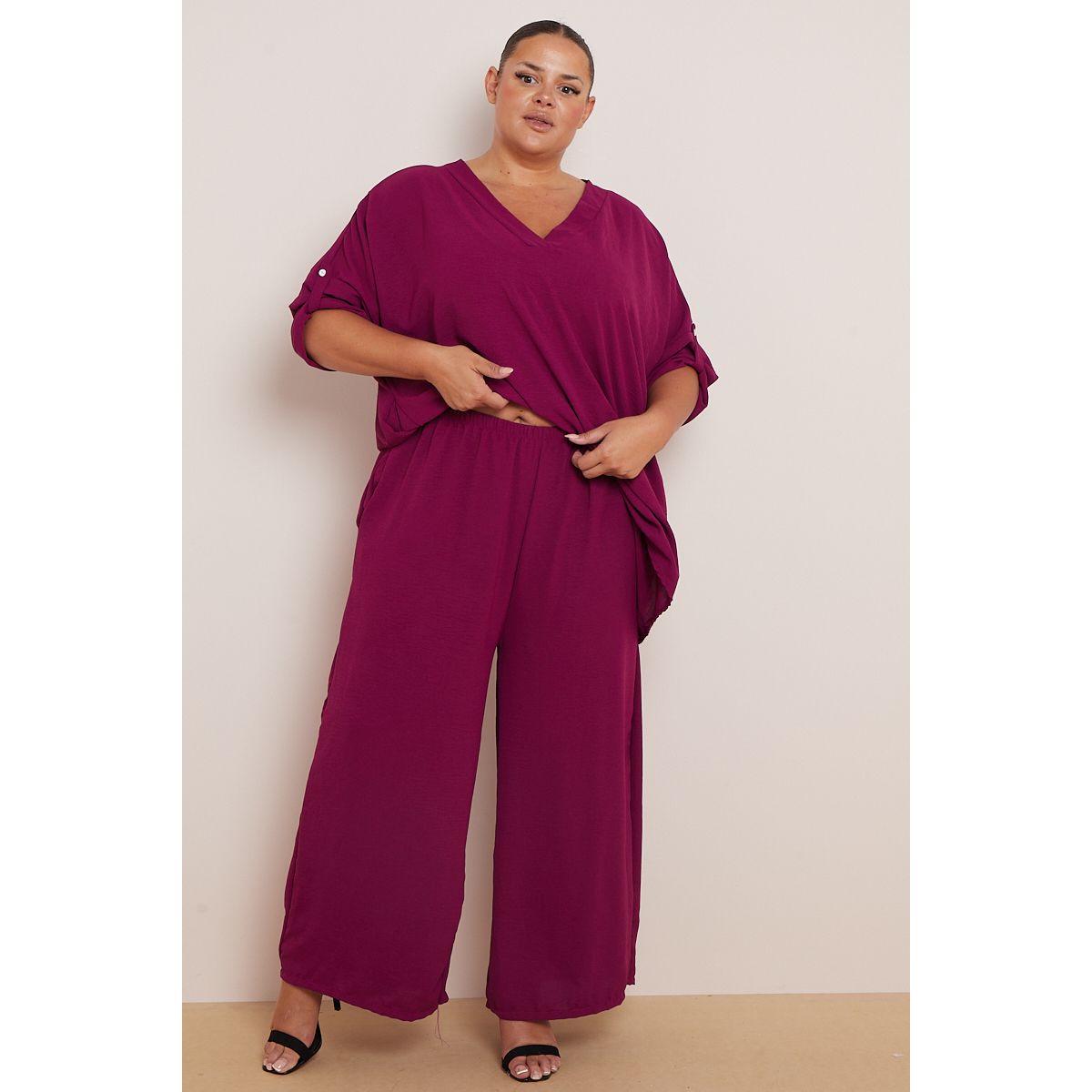Plus Size Plum 2 Piece Co Ord Set With Mid Length Top & Wide Leg Trousers x  5