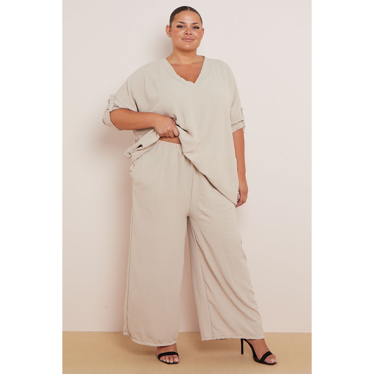 Plus Size Stone 2 Piece Co Ord Set With Mid Length Top Wide Leg