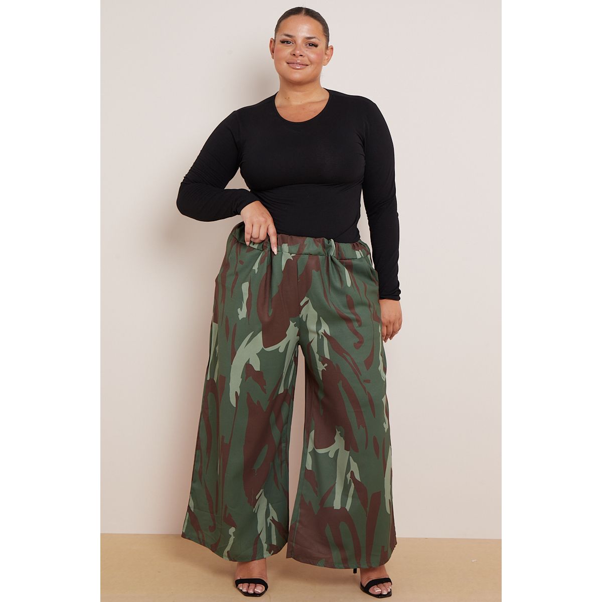 Plus Size Green Brown Printed Wide Leg Elasticated Waist Trousers