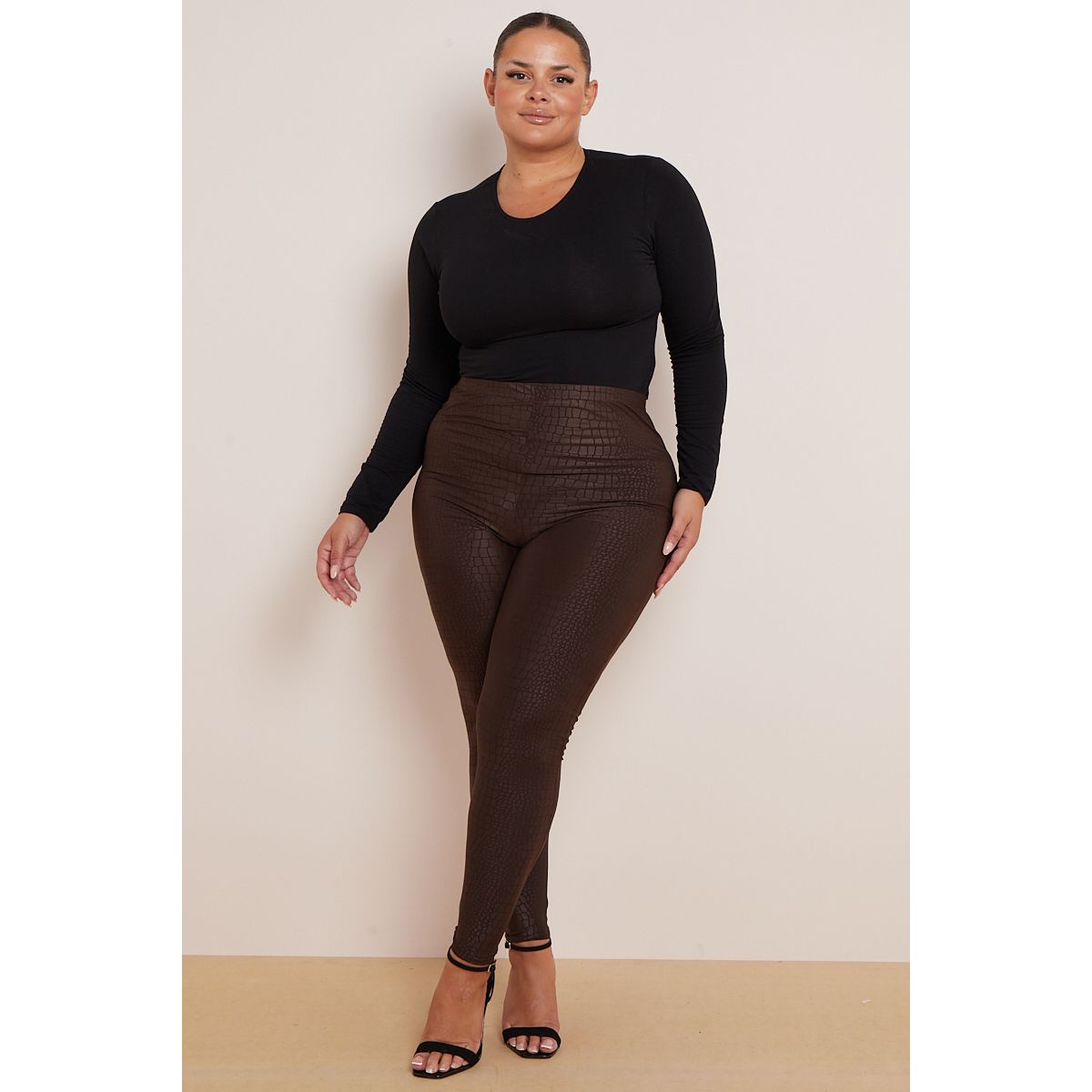 Plus Size Brown Leather Look Croc Detail Skinny Fit Leggings x 5
