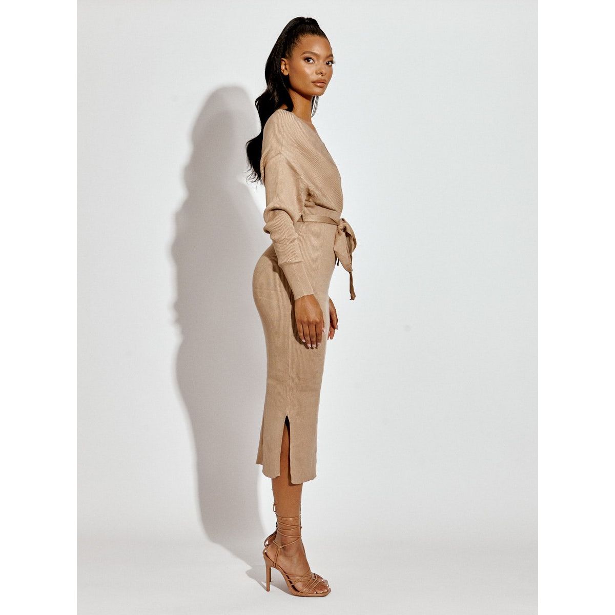 Wrap Front Back Fine Knit Ribbed Midi Dress With Belt Go Wholesale