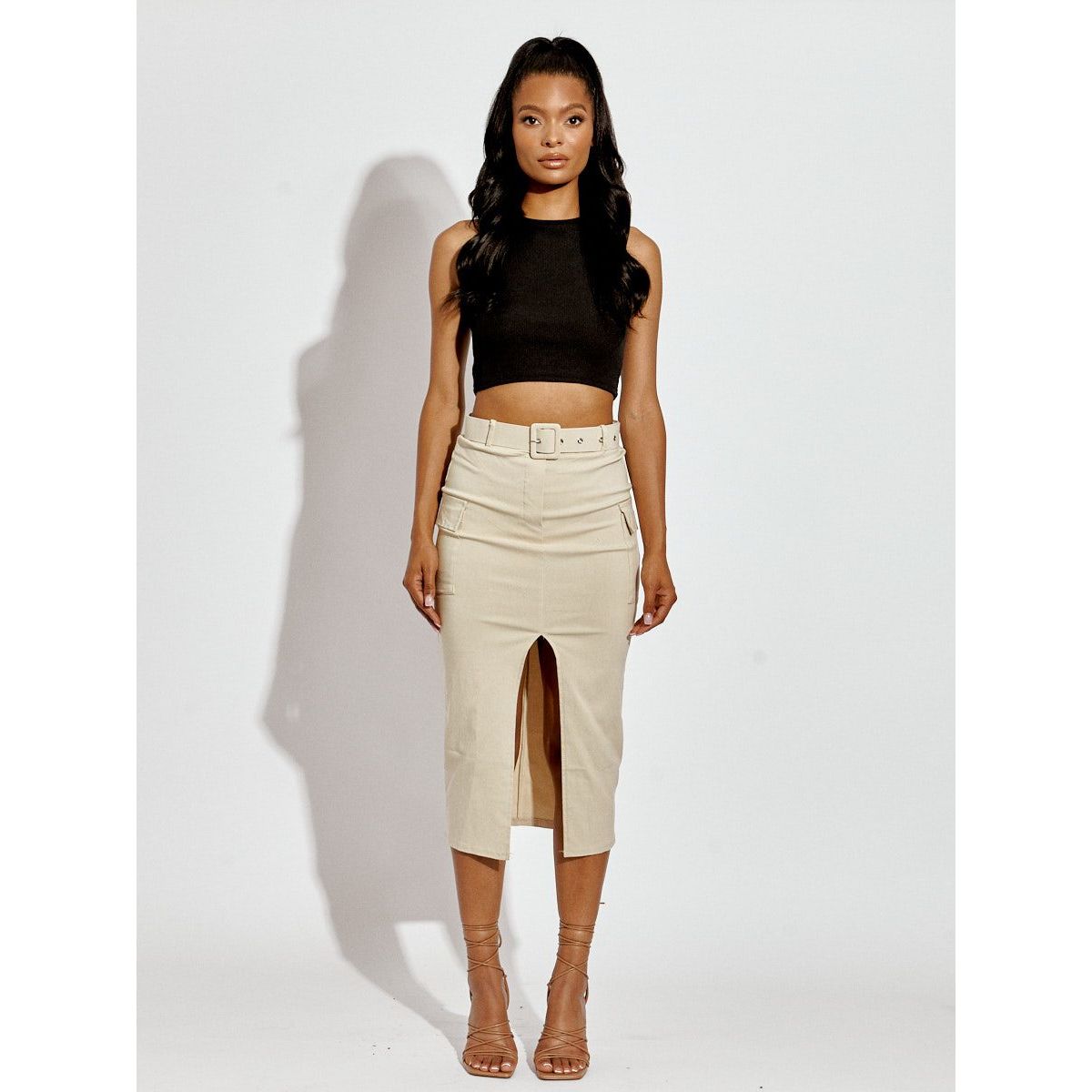 Slit Cargo Style Midi Skirt With Matching Belt Go Wholesale