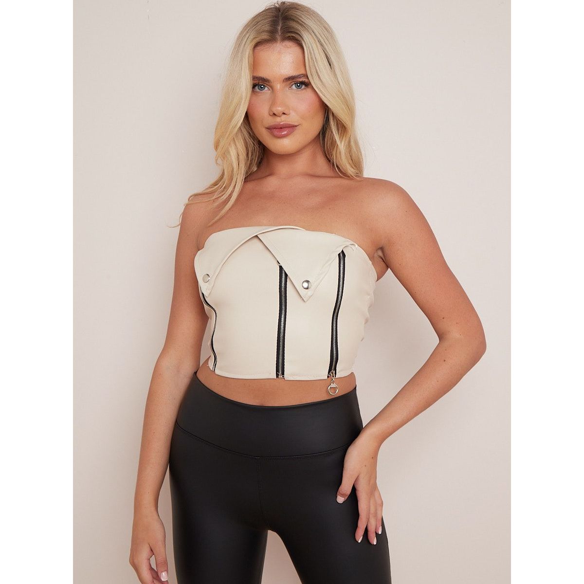 Faux Leather Bandeau Crop Top With Zip Detail Go Wholesale