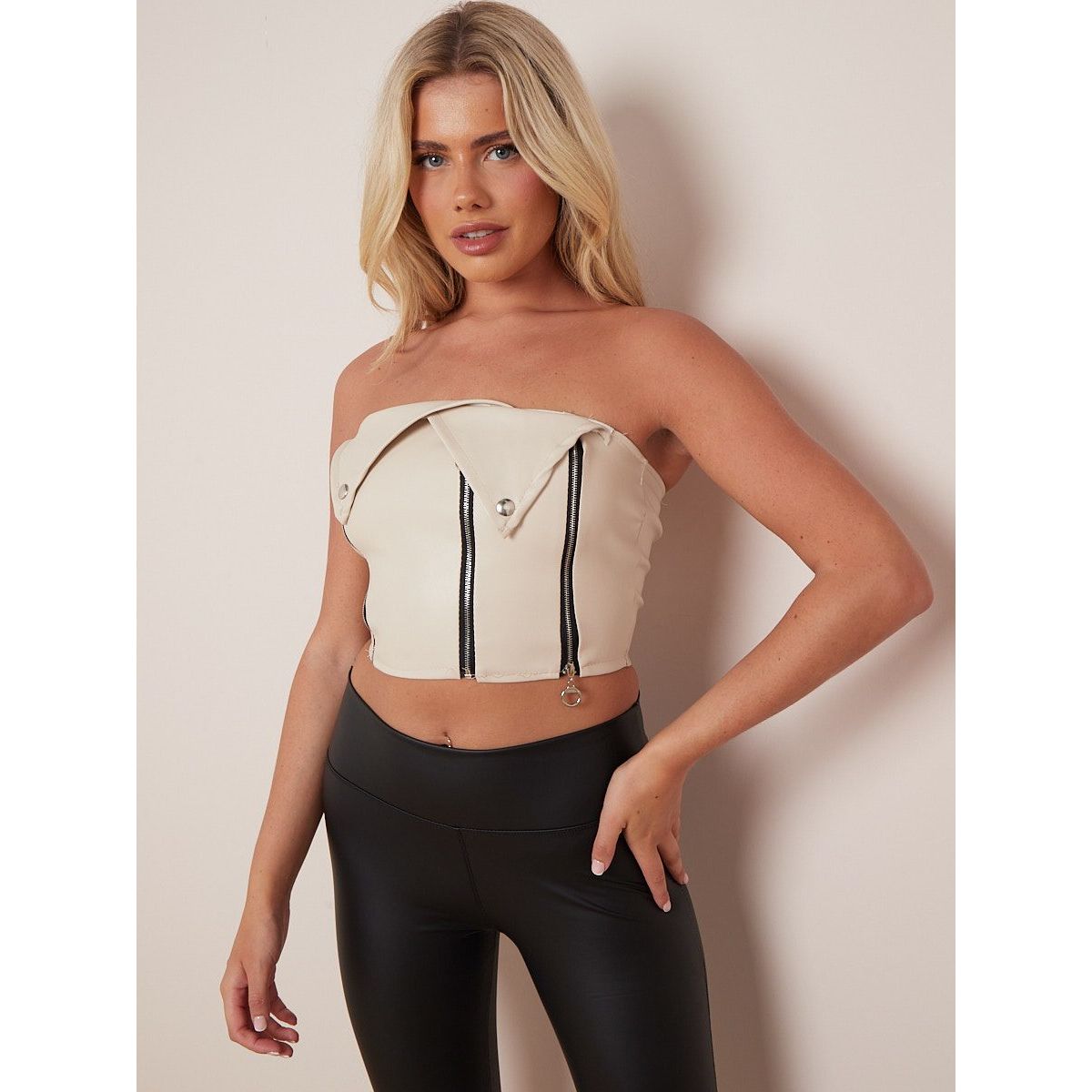 Faux Leather Bandeau Crop Top With Zip Detail Go Wholesale