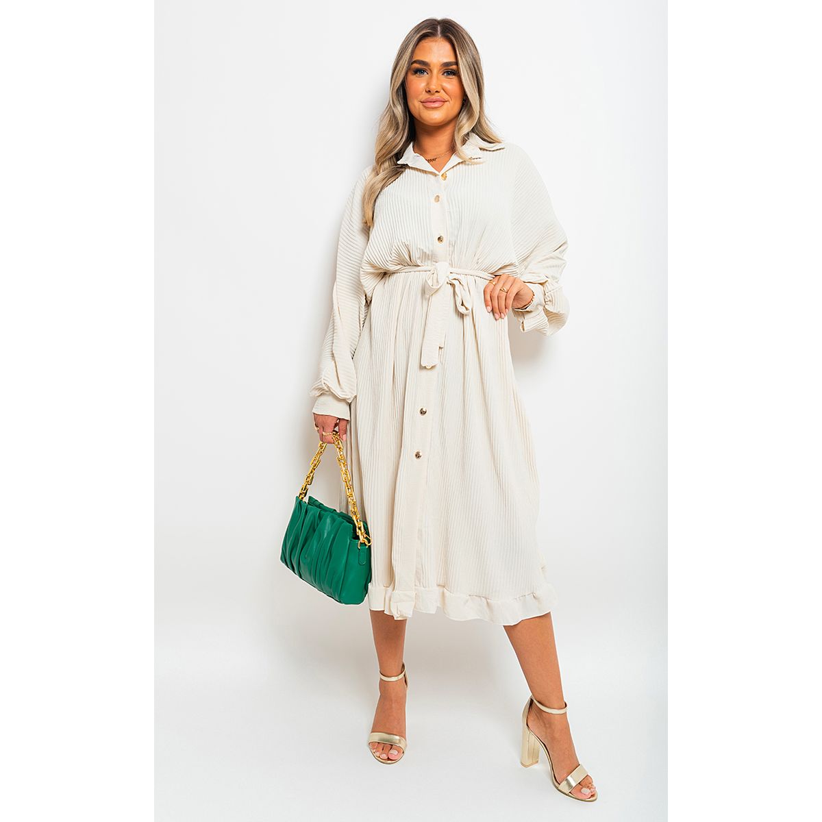 Frill Button Tie Waist Midi Dress Go Wholesale