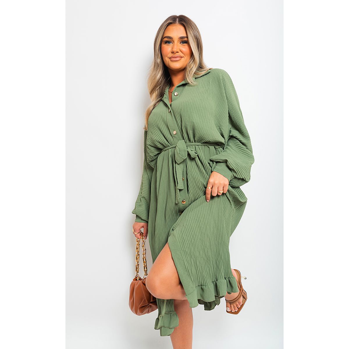 Frill Button Tie Waist Midi Dress Go Wholesale