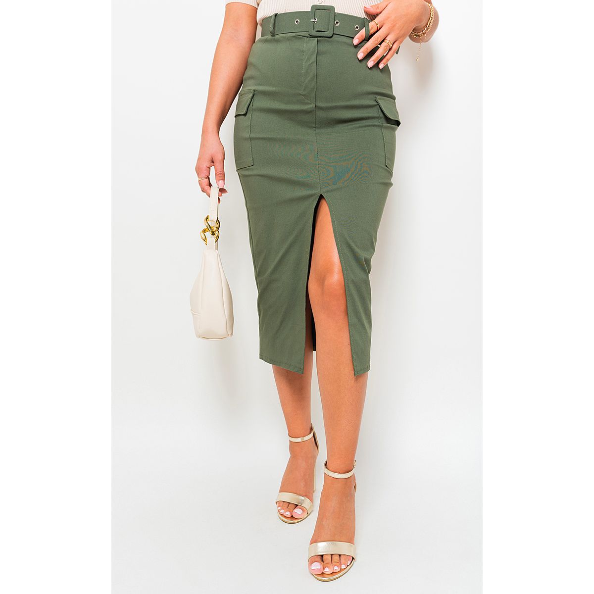 Midi Skirt with Front Slit and Side Pockets Go Wholesale