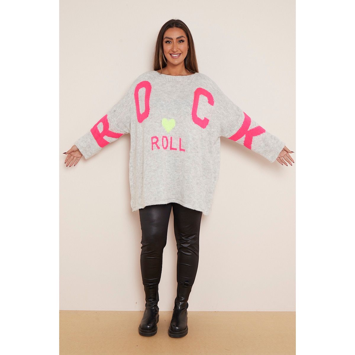Plus Size Grey Rock Roll Heart Slogan Jumper x 5 Go Wholesale