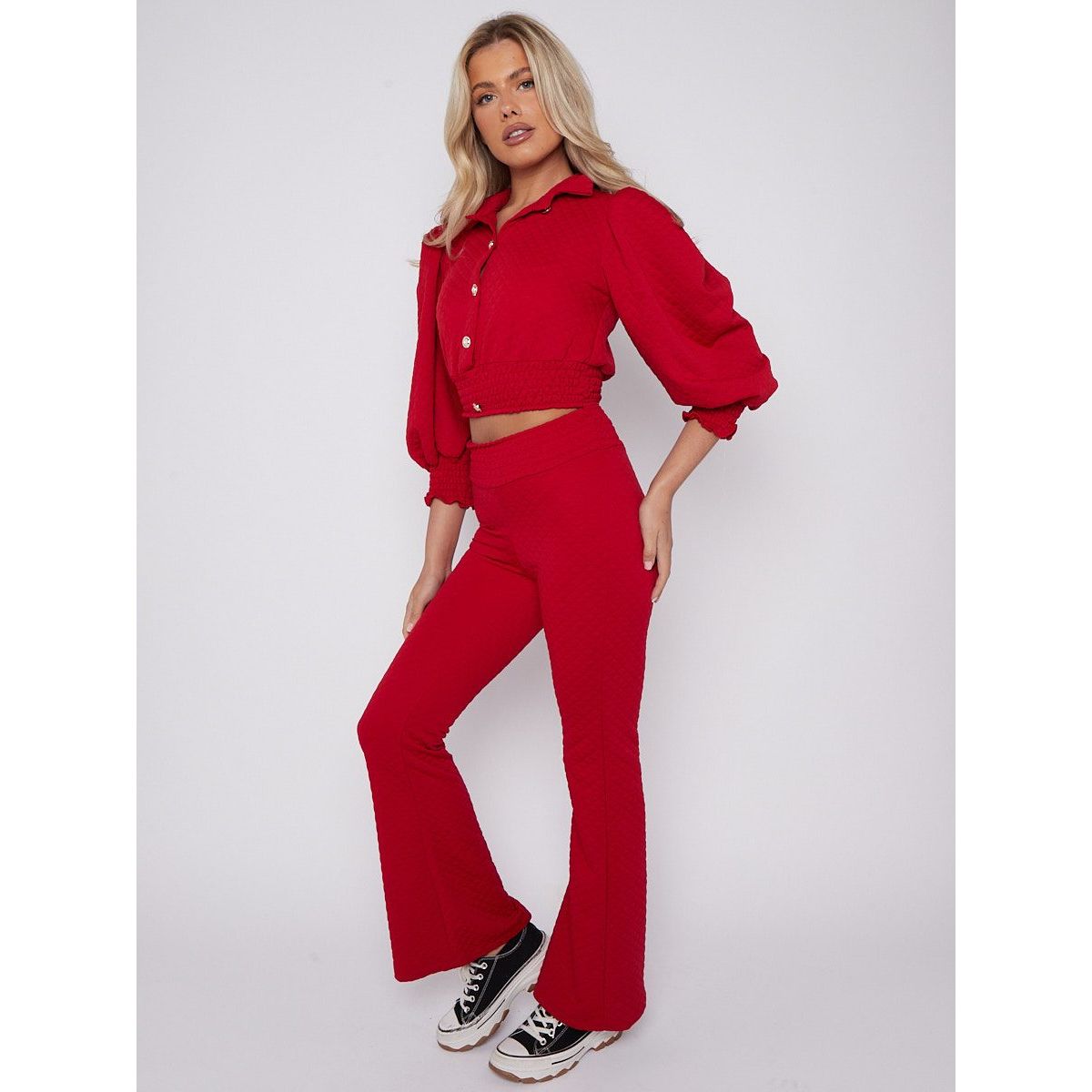 Quilted Gold Button Crop Top Flare Trouser Co ord Go Wholesale