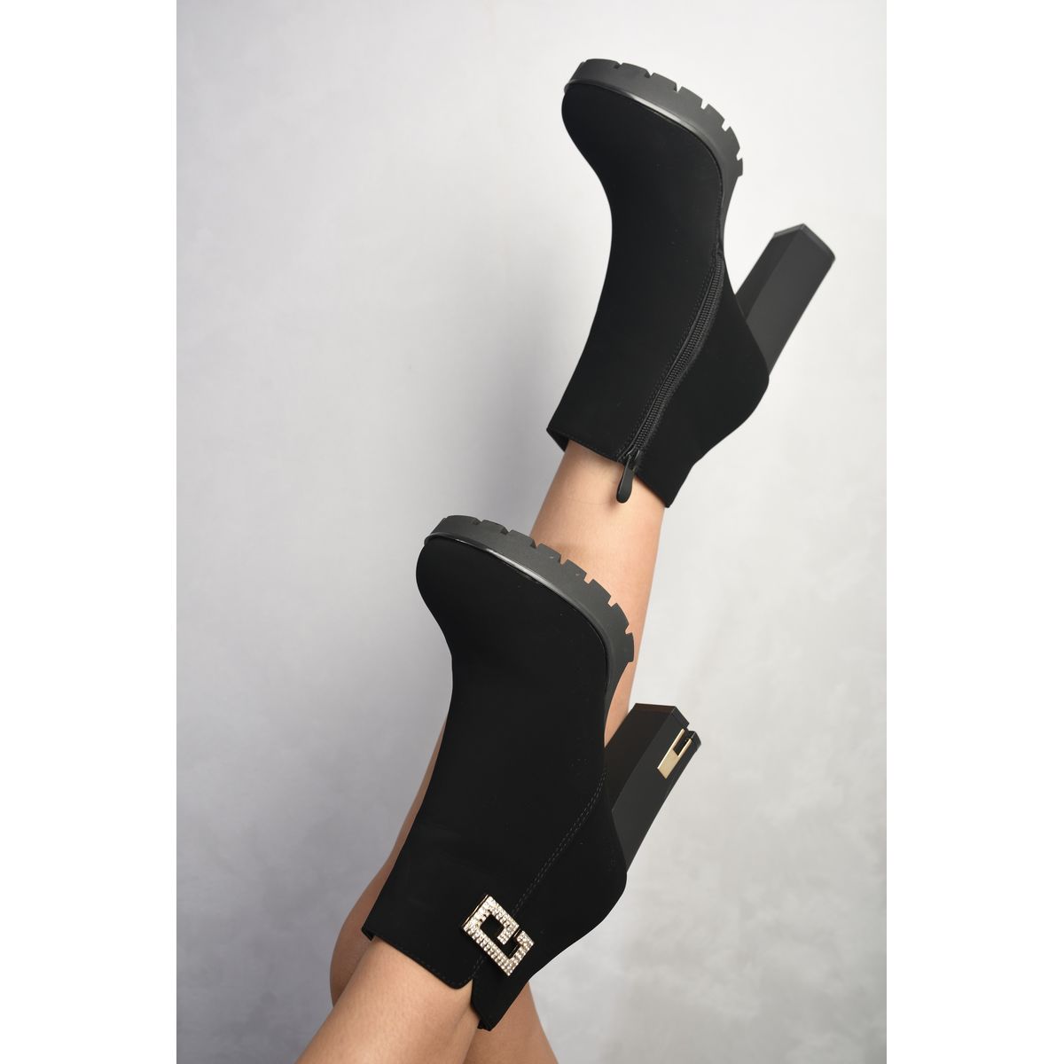 Faux Suede Diamante Detail Chunky Ankle Boots Go Wholesale