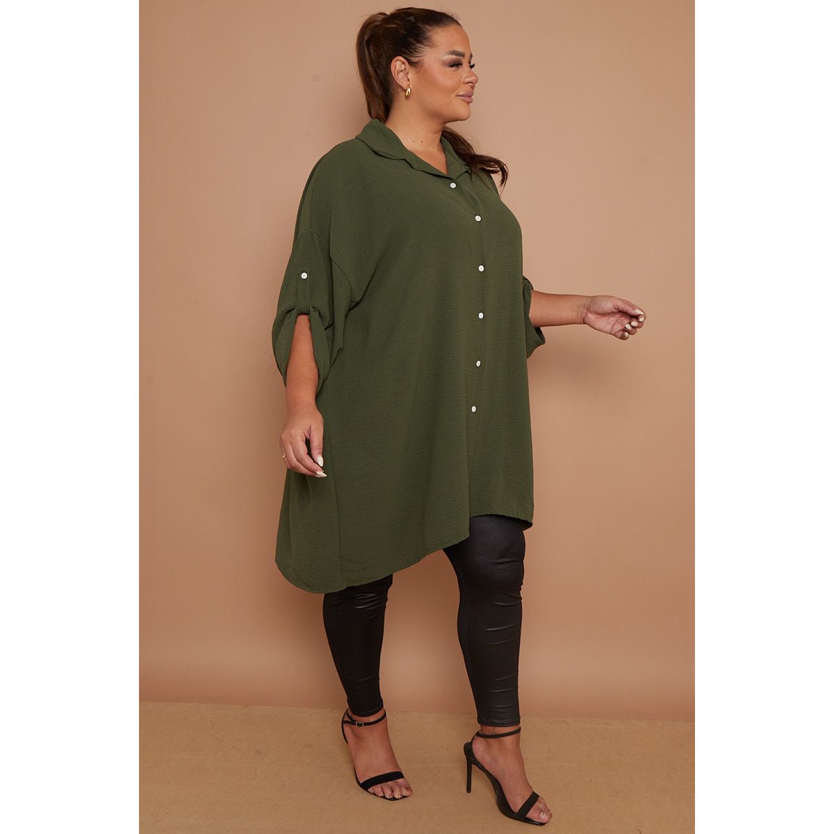 Plus Size Khaki Button Through 3 4 Sleeves Mid Length Shirt Go Wholesale