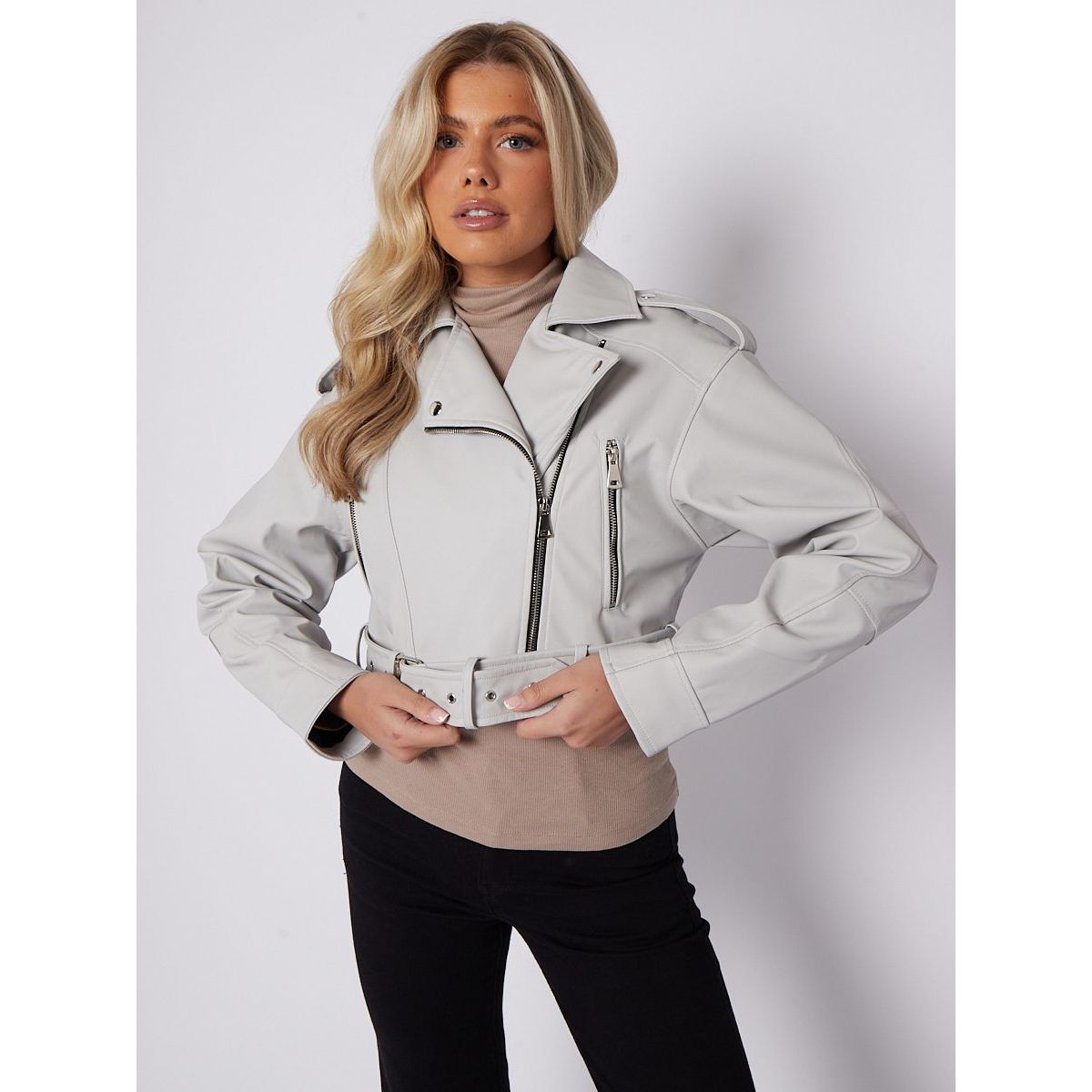 Faux leather sales jacket with belt