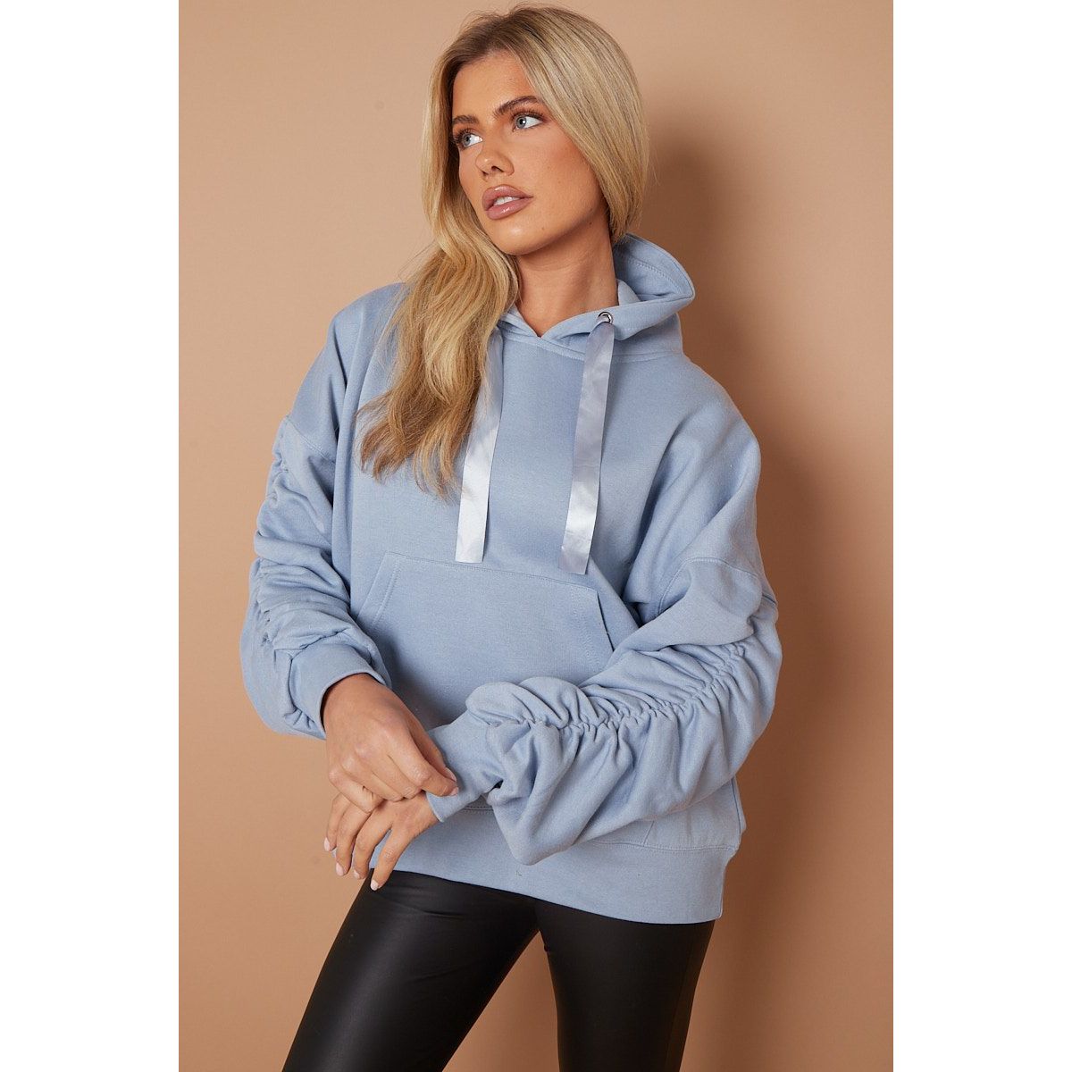 Ribbon Drawstring Ruched Sleeves Fleeced Hoodie | Go Wholesale