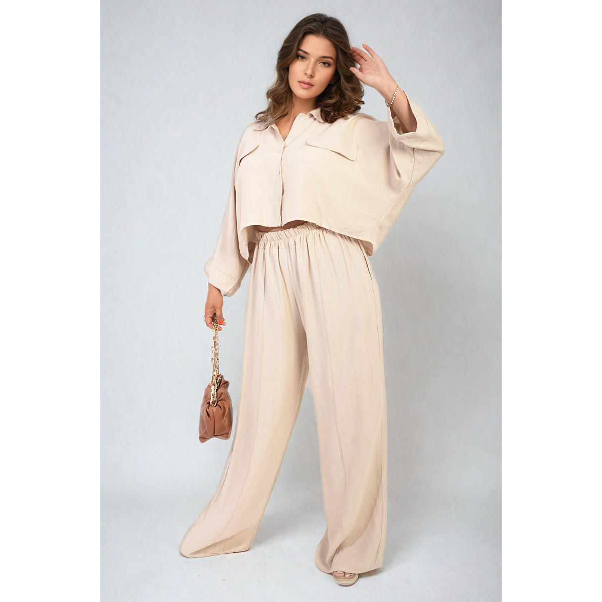 Long Sleeve Crop Top and Wide Leg Trouser Co ord Set Go Wholesale